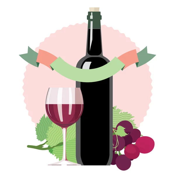 Copa de vino tinto, botella, uvas, ornamental, ilustración plana — Vector de stock