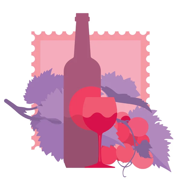 Copa de vino tinto, botella, uvas, ornamental, ilustración plana — Vector de stock