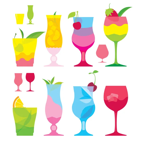 Isolated set of colorful cocktails in glasses with fruit, flat illustration — Stock Vector