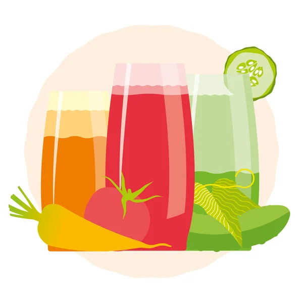 Cocktail de désintoxication avec concombre, tomate et carotte. Smoothies frais pour une vie saine, régimes alimentaires . — Image vectorielle