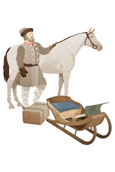 En man i en gammal kostym med häst och släde — Stockfoto