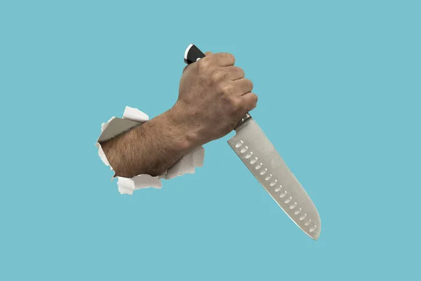 Hand Durchbricht Weißen Hintergrund Mit Messer — Stockfoto