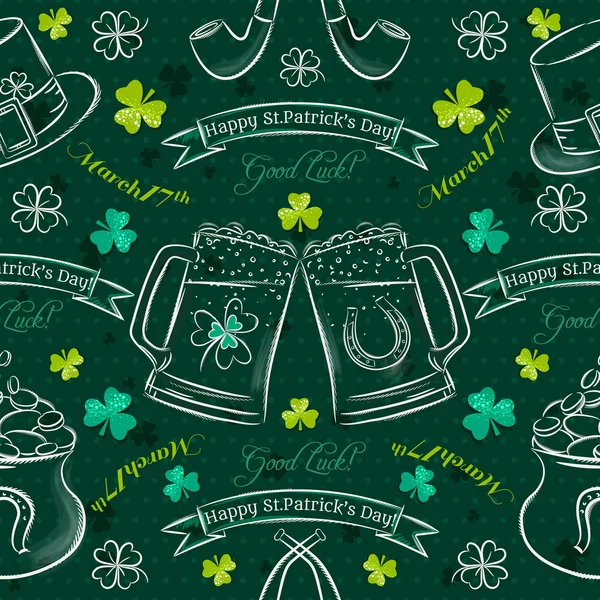 Fond vert sans couture pour la journée Patricks avec symbole et imposture — Image vectorielle