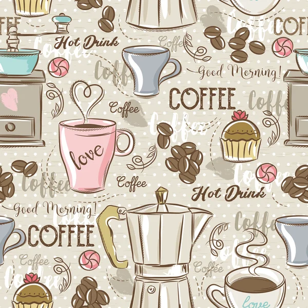 Patrones sin costura beige con set de café, cafetera, muffin, c — Archivo Imágenes Vectoriales