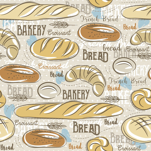 Фон с различными хлебом, круассаном, пшеницей и текстом
.