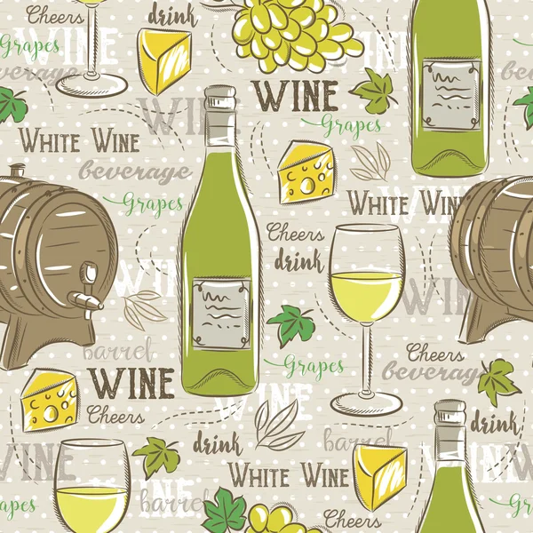 Beige seamless patterns with white wine set, cask, glass, grapes — Stock Vector