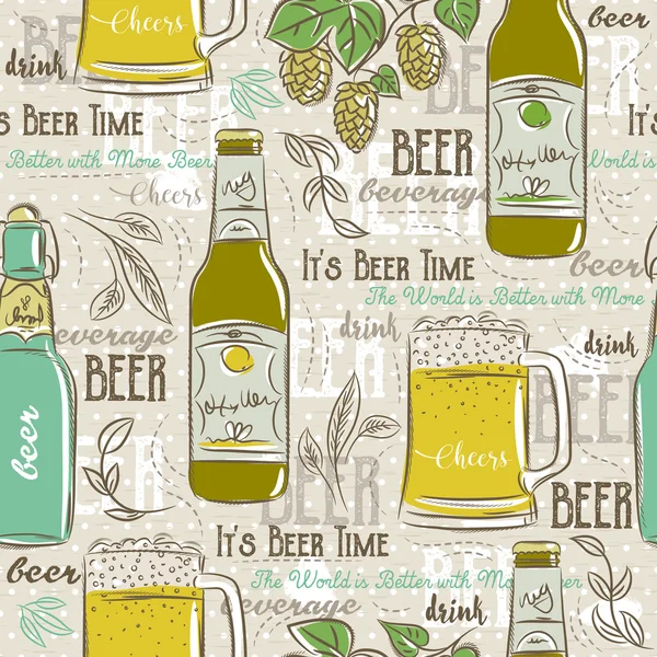 Beige seamless patterns with set of beer bottle, mug, hop and te — Stock Vector