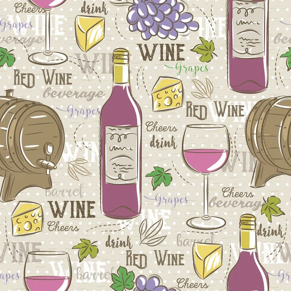 Patrones beige sin costura con conjunto de vino tinto, barril, vidrio, uvas , — Vector de stock