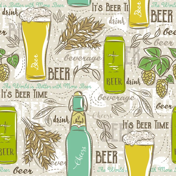 Bézs varrat nélküli minták sor üveg sört, a bögre, a hop, a barle — Stock Vector