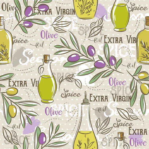 Bakgrund med, flaska olivolja, blad och krydda. — Stock vektor