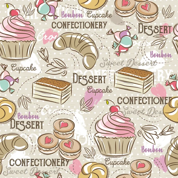 Achtergrond met cupcake, croissant, cake en bonbon — Stockvector