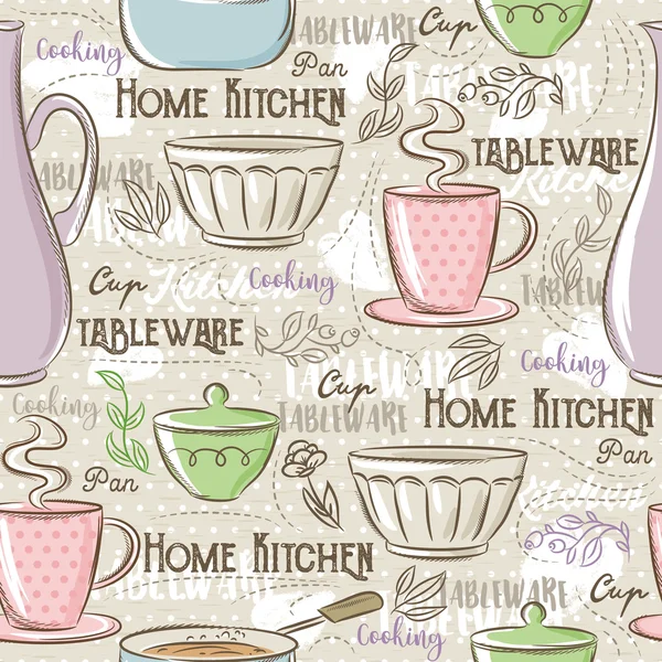 Seamless Patterns with different tableware,flower, cup, pan — Stock Vector