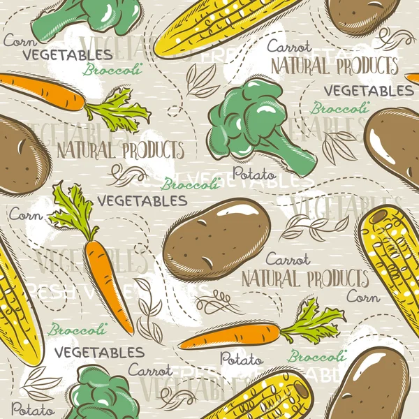 Seamless Patterns with broccoli, corn and potato. — Stock Vector