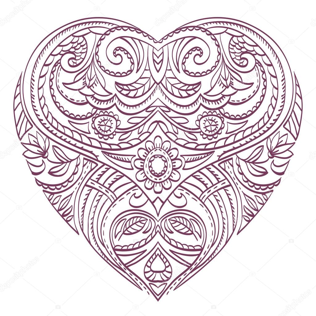 Vektor-Herzen zum Ausmalen mit dekorativen Elementen ...