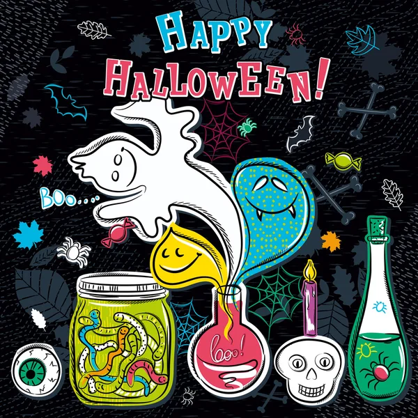 Halloween-Grußkarte mit Geist, Flasche, Glas, Totenkopf, Auge, sp — Stockvektor