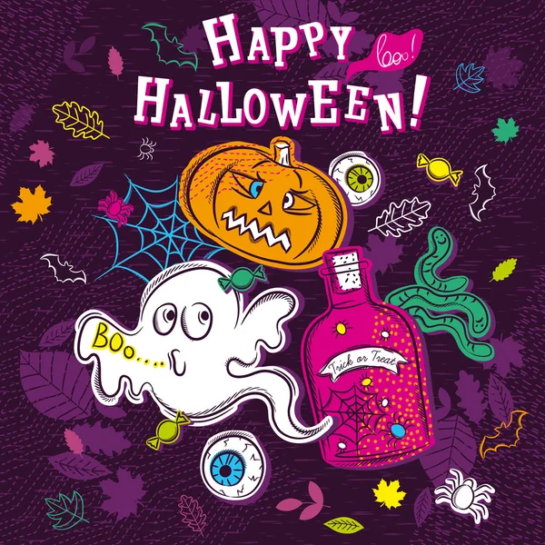 Halloween-Grußkarte mit Geist, Kürbis, Auge, Netz und Spinne — Stockvektor