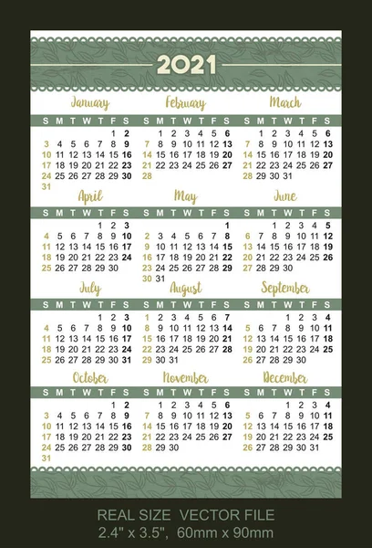 Calendario Bolsillo 2021 Vector Comienza Domingo Decoración Con Elementos Vegetales — Archivo Imágenes Vectoriales