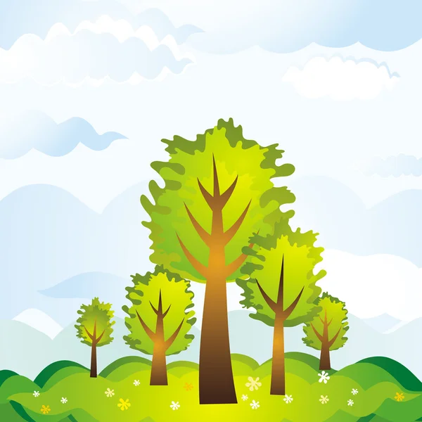 Paisaje con muchos árboles, flores, ilustración vectorial — Vector de stock