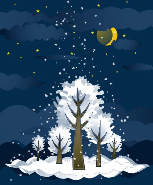 Bosque de navidad verde con copos de nieve, ilustración vectorial — Archivo Imágenes Vectoriales