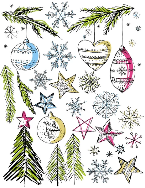 Kerst decoratieve hand tekenen elemants, vectorillustratie — Stockvector