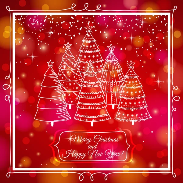 Red brightness background with forest of christmas trees, vector — Stock Vector