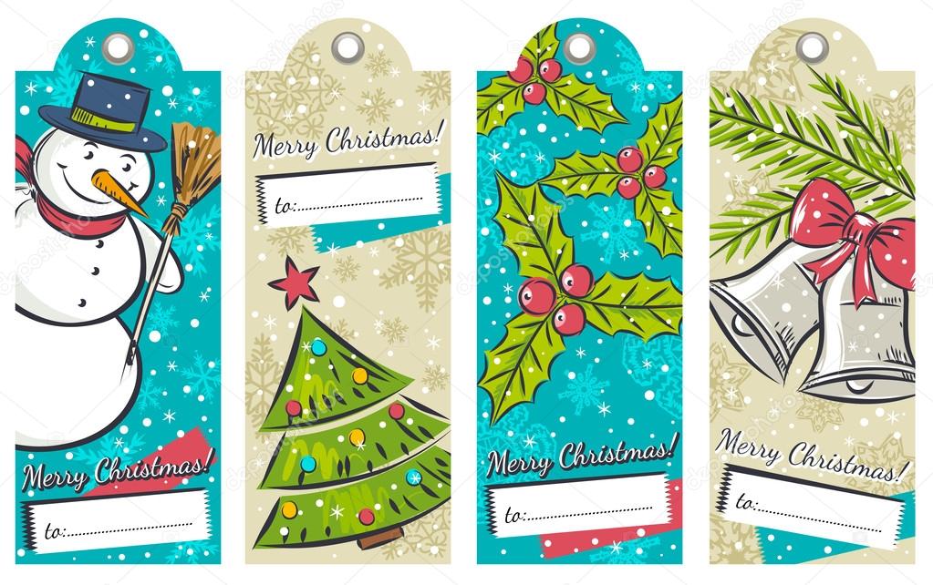 Vintage christmas labels with snowman, tree, bells and holly, ve