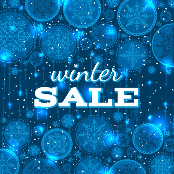 Fondo azul de Navidad con copos de nieve y oferta para la venta, v — Vector de stock