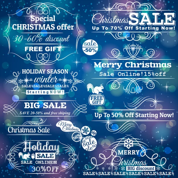 Conjunto de venta especial ofrecen etiquetas y banners y navidad azul — Archivo Imágenes Vectoriales