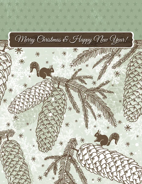 Weihnachten Hintergrund mit Kegel, Eichhörnchen und Schneeflocken, Vektor — Stockvektor
