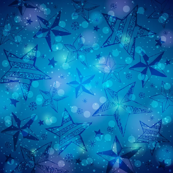 Fond de luminosité bleu avec étoiles de Noël et flocons de neige — Image vectorielle