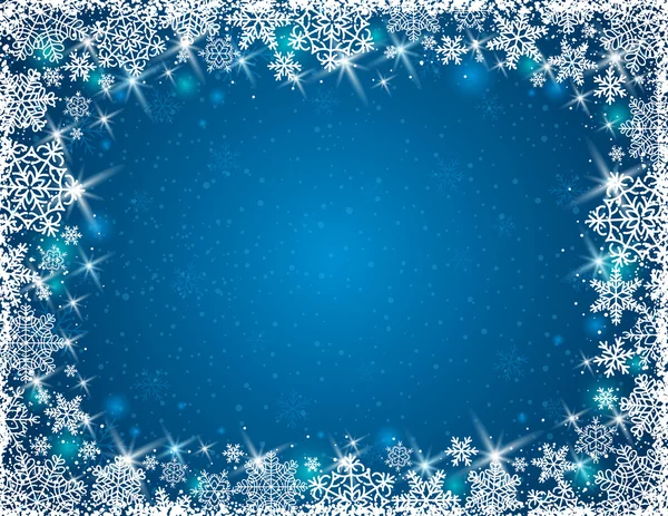 Blauwe achtergrond met frame van sneeuwvlokken, vector — Stockvector