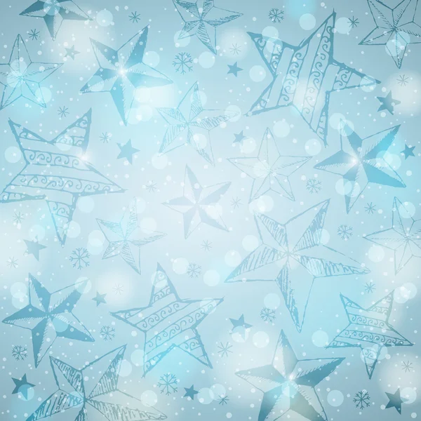 Blå ljusstyrka bakgrund med jul stjärnor och snöflingor, — Stock vektor