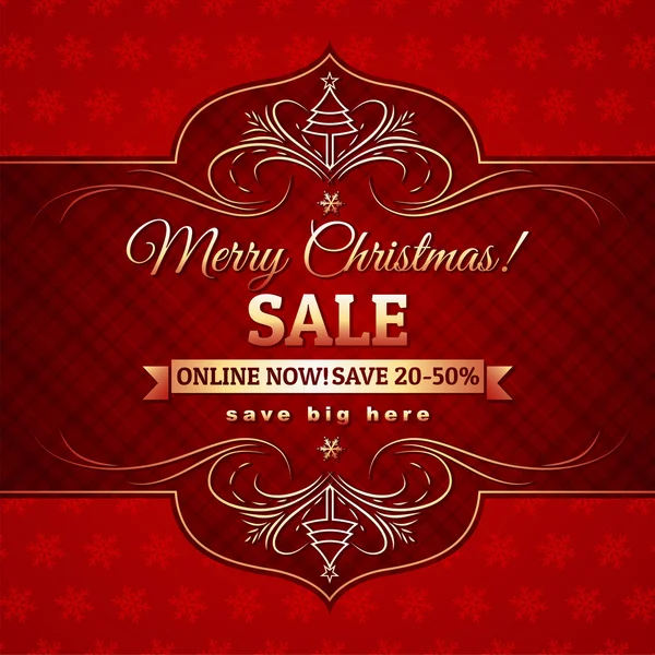 Sfondo rosso di Natale ed etichetta con offerta di vendita, vettore — Vettoriale Stock