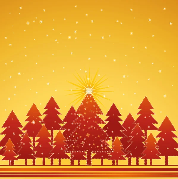 Kerstkaart met bos van dennen en sneeuwvlokken — Stockvector
