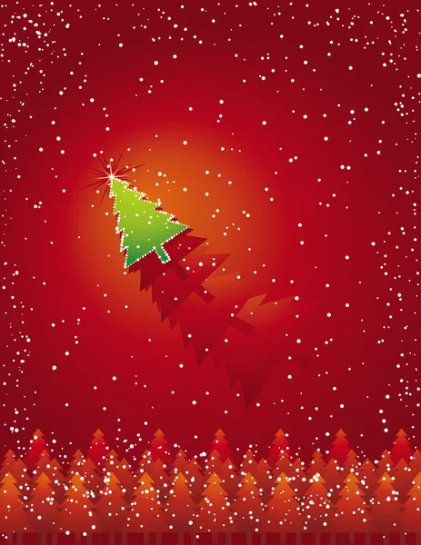 Cartão de Natal com floresta de pinheiro e flocos de neve — Vetor de Stock