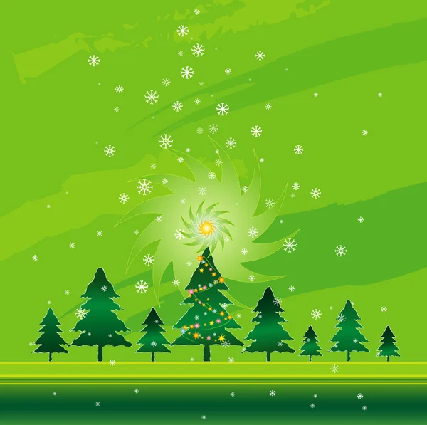 Tarjeta verde de Navidad con bosque de árbol, ilustración vectorial — Archivo Imágenes Vectoriales