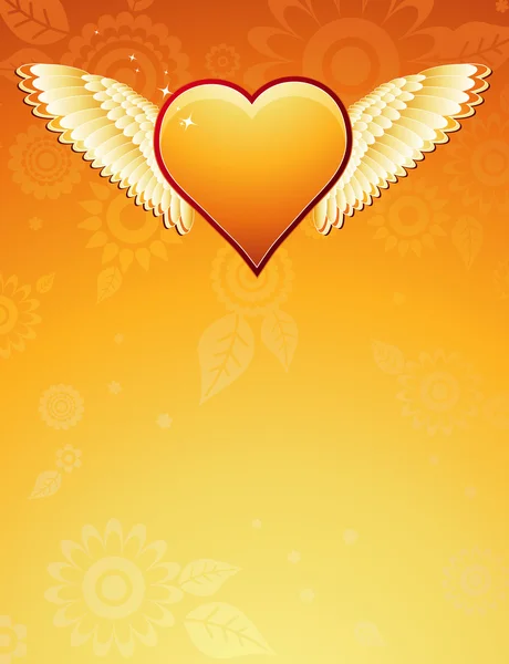 Прекрасное золотое сердце с крыльями на золотом фоне, вектор — стоковый вектор