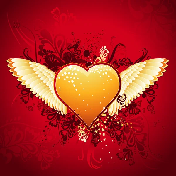 Lovely golden heart on red background with wings, vector — Stock Vector
