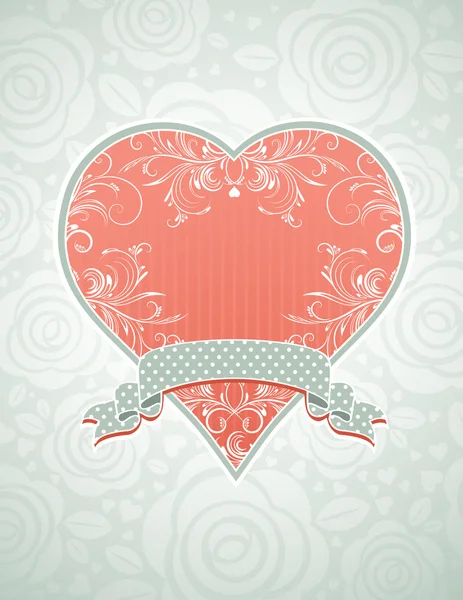 Precioso corazón rosa con cinta gris, vector — Vector de stock