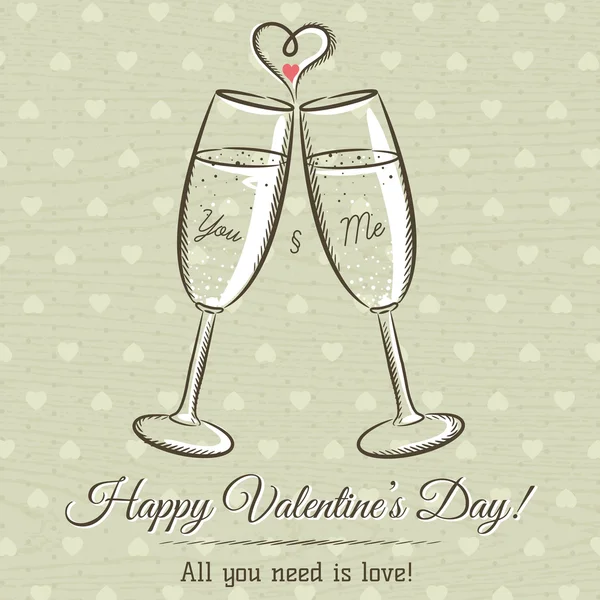 Valentine card with two glass of wine and wishes text,  vector — Stock Vector