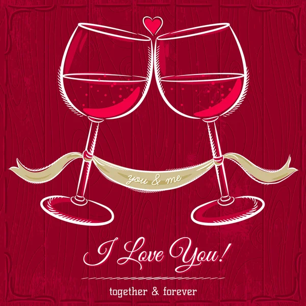 Tarjeta roja de San Valentín con dos copas de vino y texto de deseos — Archivo Imágenes Vectoriales
