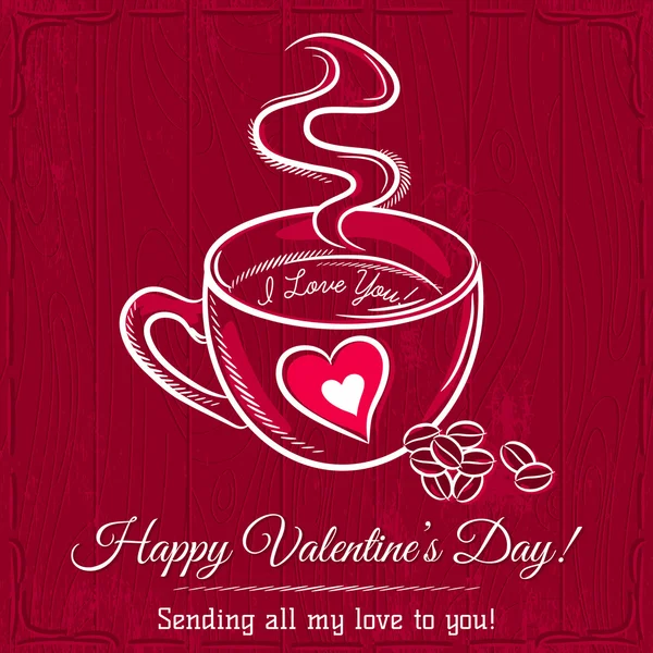 Biglietto rosso di San Valentino con tazza di bevanda calda e desidera testo, vecto — Vettoriale Stock