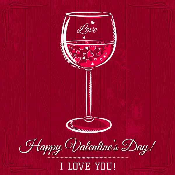 Red valentine card with glass of wine and wishes text,  vector — Stock Vector