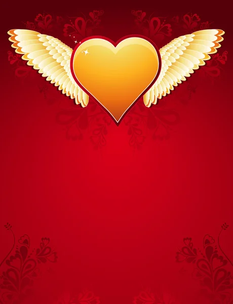 Cuore dorato di San Valentino con ali su sfondo rosso, vettore — Vettoriale Stock