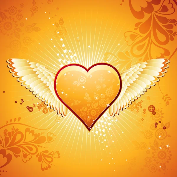 Bel cuore d'oro su sfondo dorato con ali, illustrazione vettoriale — Vettoriale Stock