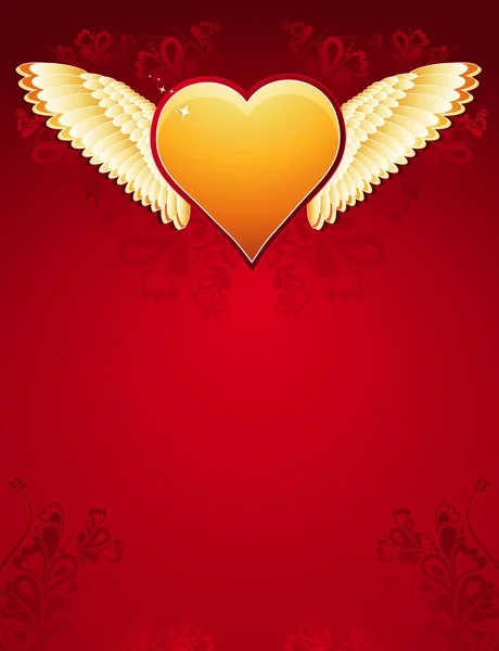 Valentine golden heart with wings on red background , vector — Stock Vector