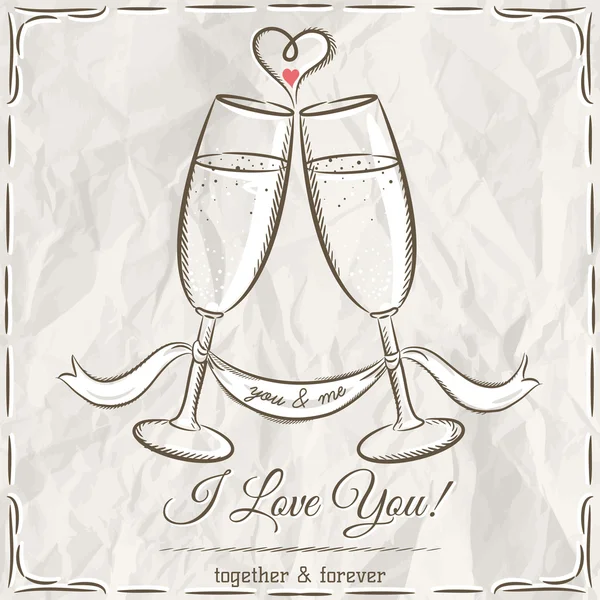 Romantic card with two glass of champagne and wishes text — Stock Vector