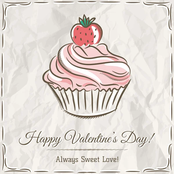 Tarjeta de San Valentín con cupcake de fresa, vector — Vector de stock