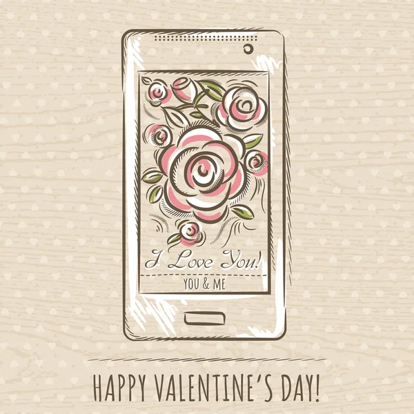 Sevgililer günü kartı ile smartphone ve gül, vektör — Stok Vektör