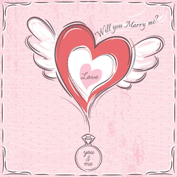 Tarjeta de San Valentín rosa con corazón y anillo de compromiso — Archivo Imágenes Vectoriales